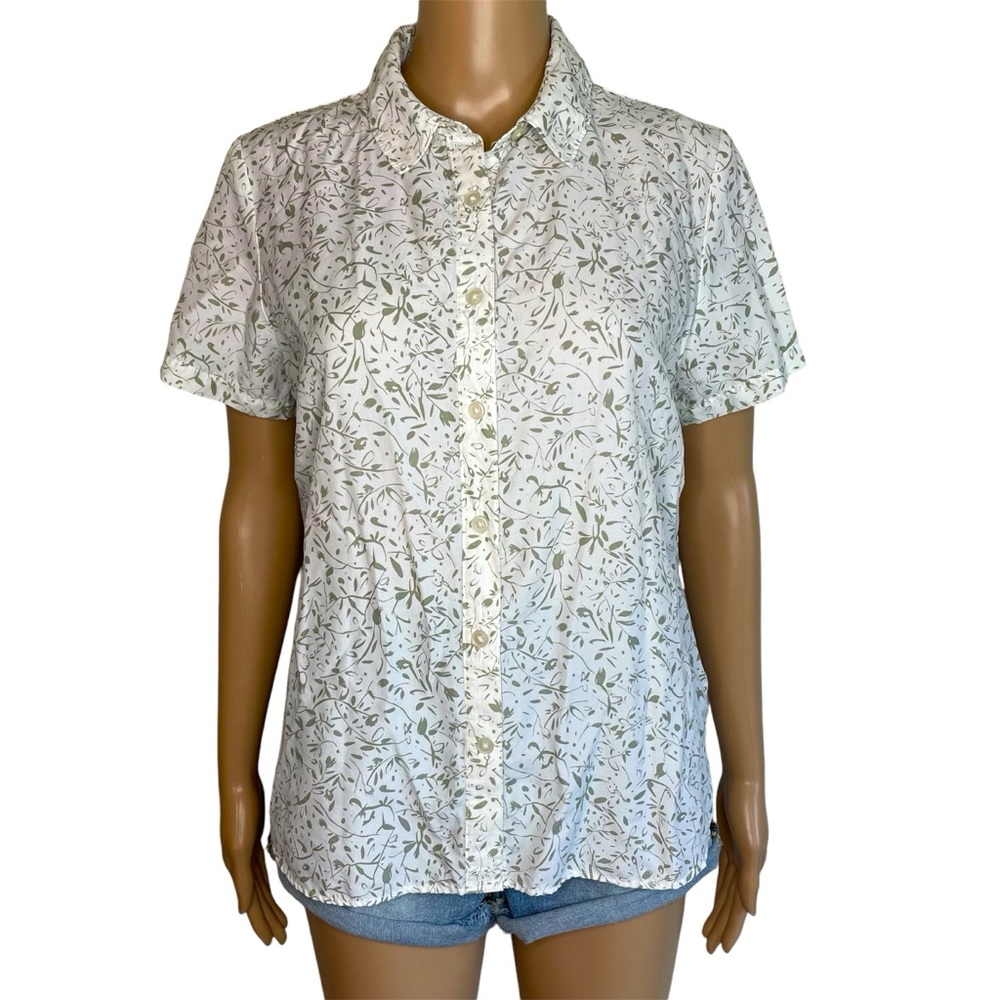 Rohan White & Green Floral Collared Short Sleeve Button Down Marina Shirt Top